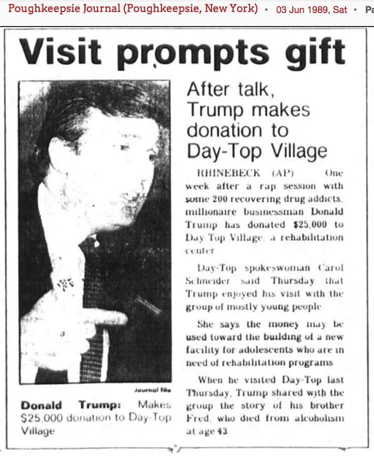 Millionaire businessman Donald Trump has donated $25,000 to Day Top Village, a rehabilitation center. 