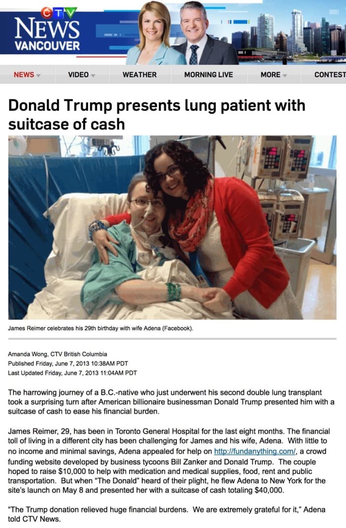 Donald Trump presents lung patient with suitcase of cash
