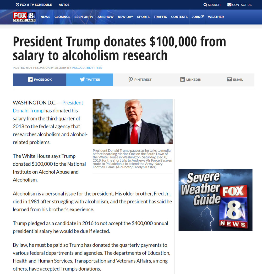 President Trump Donates $100,000 from Personal Salary to Alcoholism Research